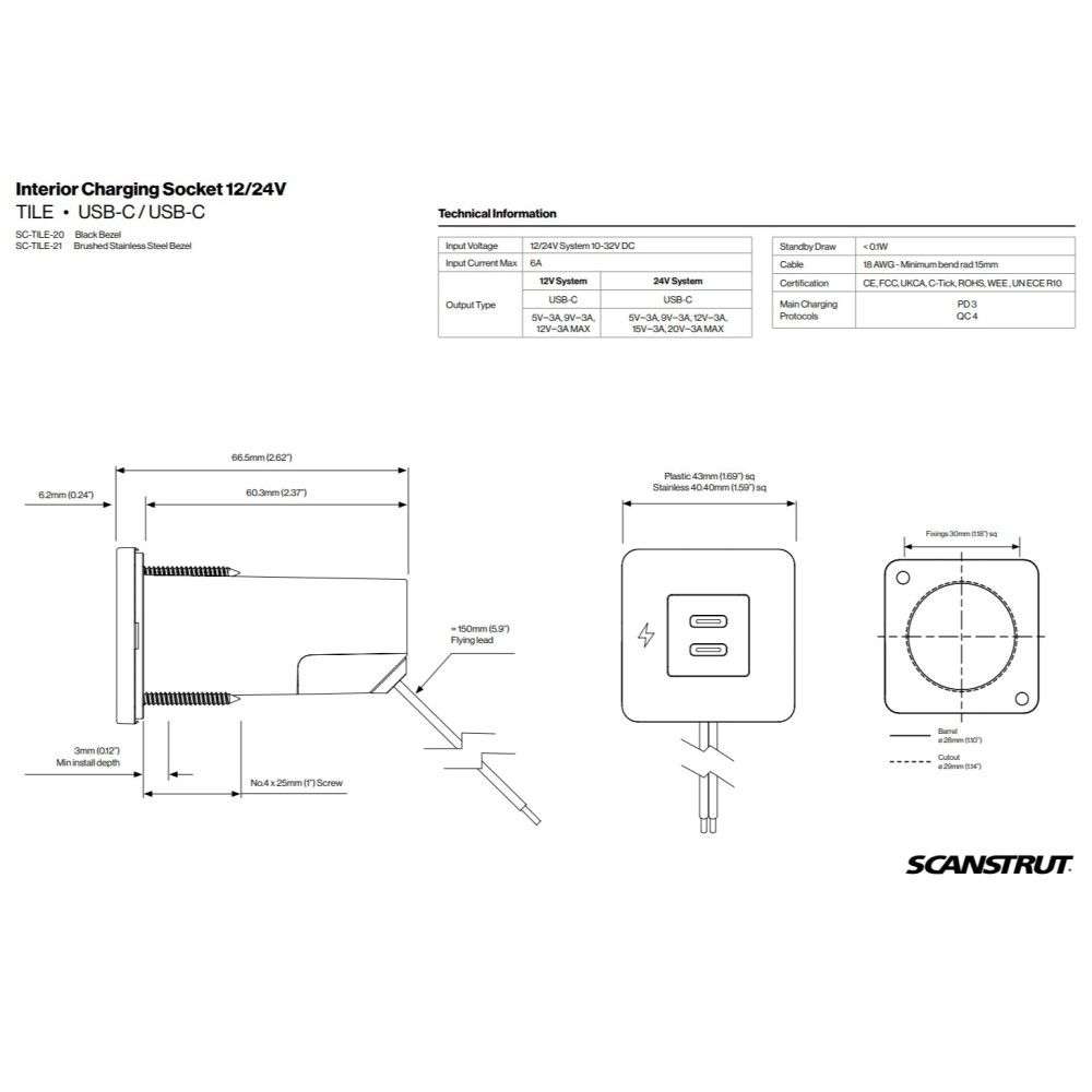 Scanstrut Tile Dual USB-C Fast Charging Socket - Stainless Steel - Image 3